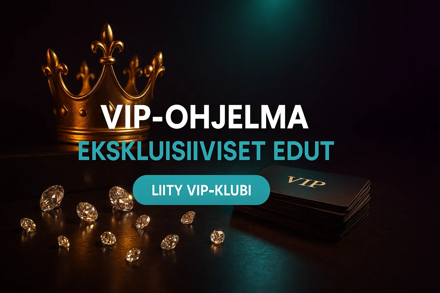 Fotorealistinen VIP-kasinobanneri kruunulla, premium-korteilla ja timanteilla