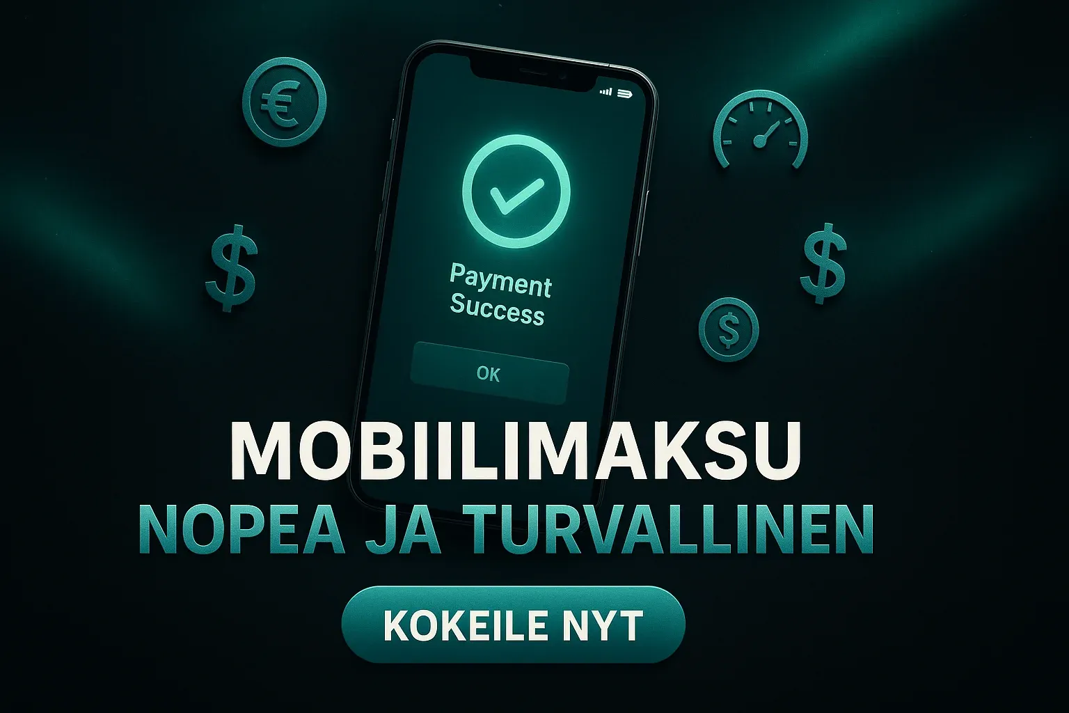 Leveä suomalainen kasinobanneri mobiilimaksun vahvistusnäytöllä ja teal-efekteillä