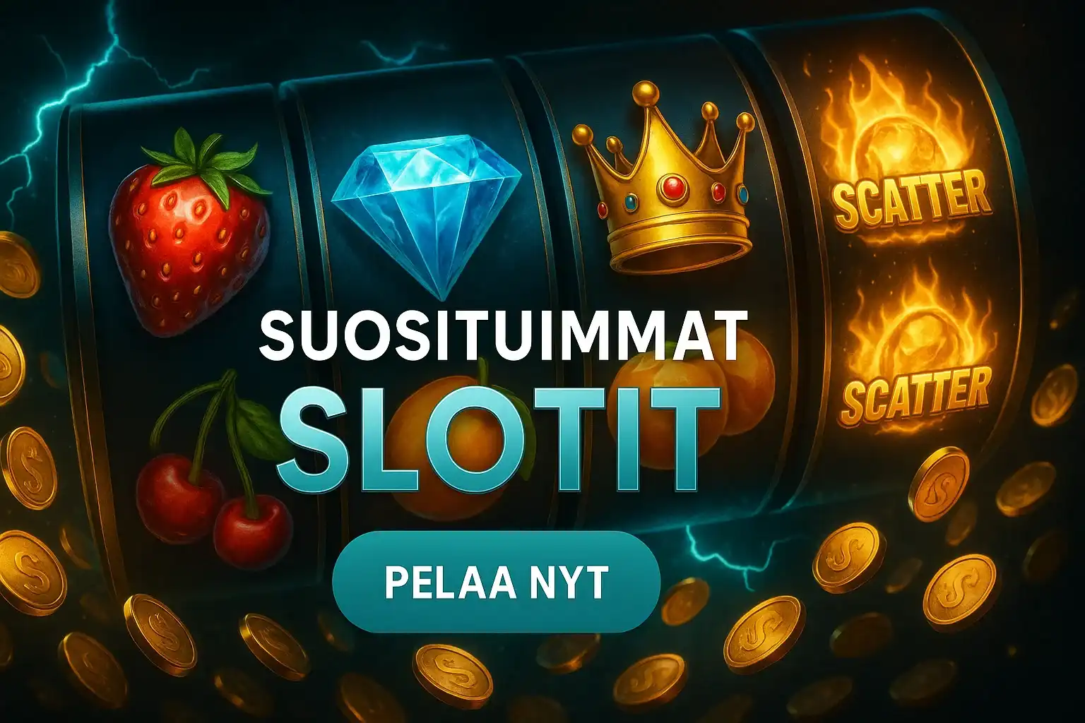 Fotorealistinen suomalainen kasinobanneri, kolikkopelirullat, kultakolikot ja teal-neon