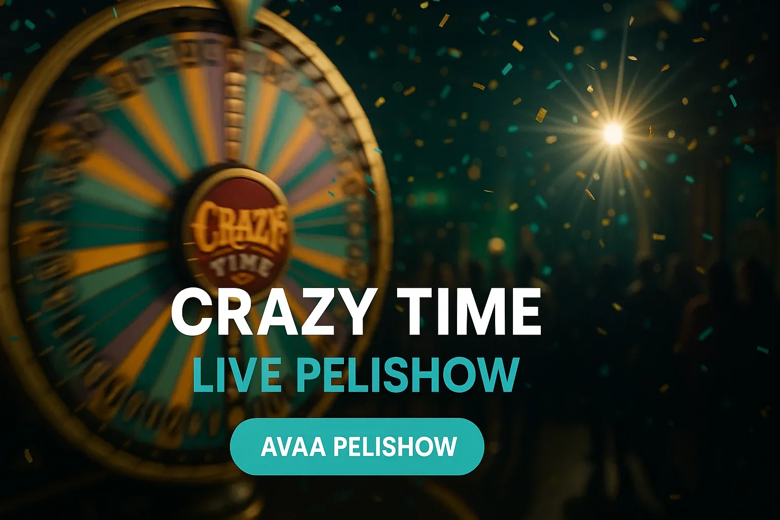 Fotorealistinen live-kasinobanneri, Crazy Time -pyörä, konfetti ja CTA-painike