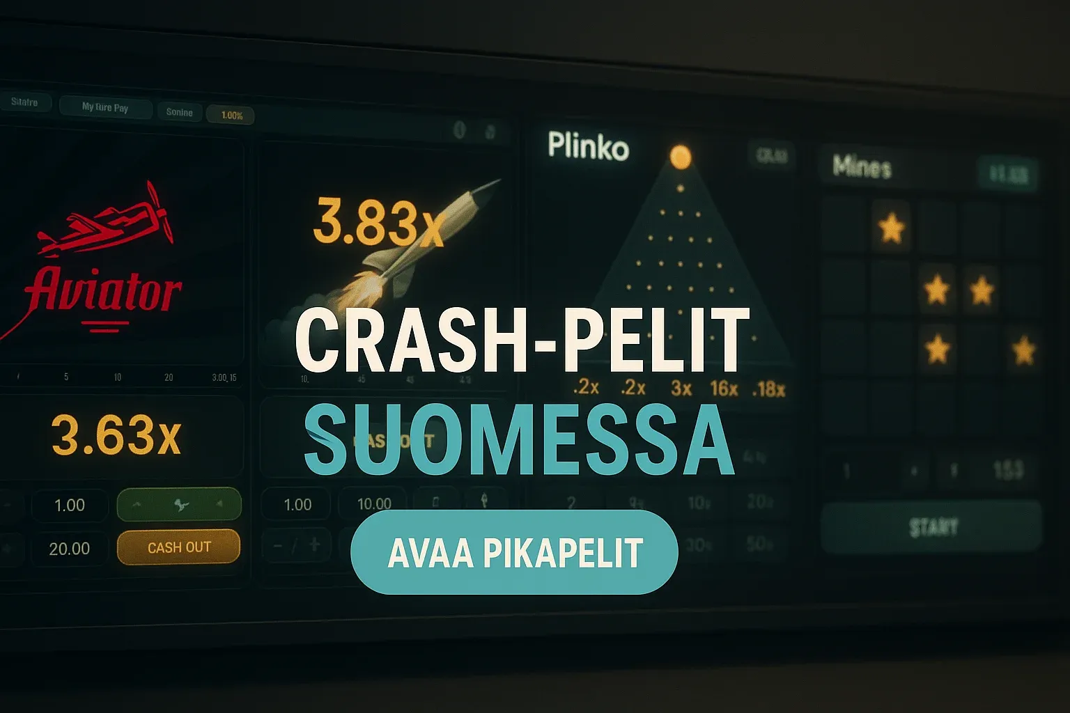 Leveä suomalainen kasino banneri crash-peleistä ja pikapelit CTA-painikkeella