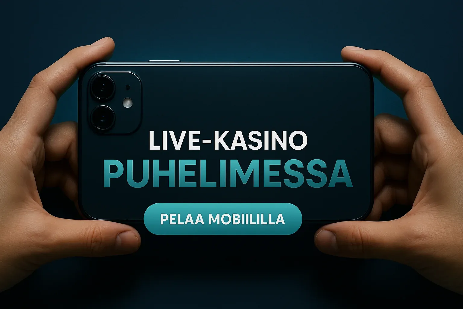 Fotorealistinen suomalainen kasinobanneri, puhelin vaakatasossa, teksti Live-kasino puhelimessa