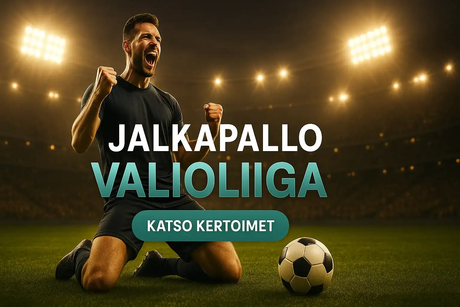 Leveä suomalainen kasinobanneri, jalkapalloilija juhlii maalia stadionilla, kertoimet CTA